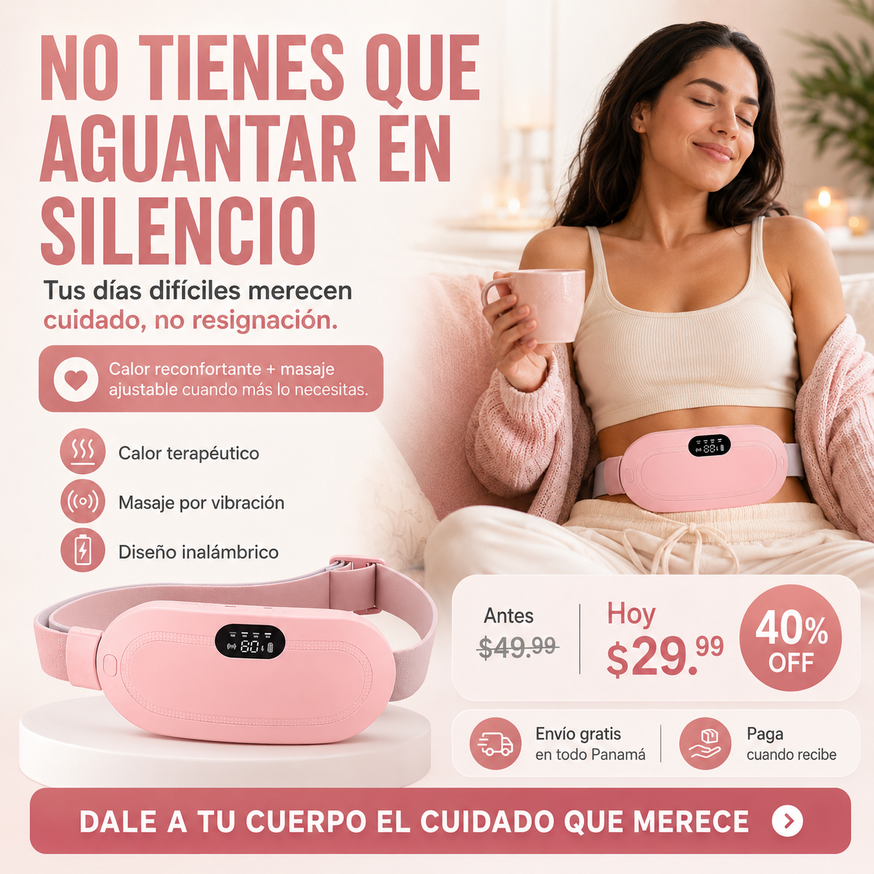 Lunara™ | Tecnología de Calor y Masaje para el Alivio de Cólicos Menstruales: Almohadilla Térmica de Bienestar Intímo y dolor lumbar Importada