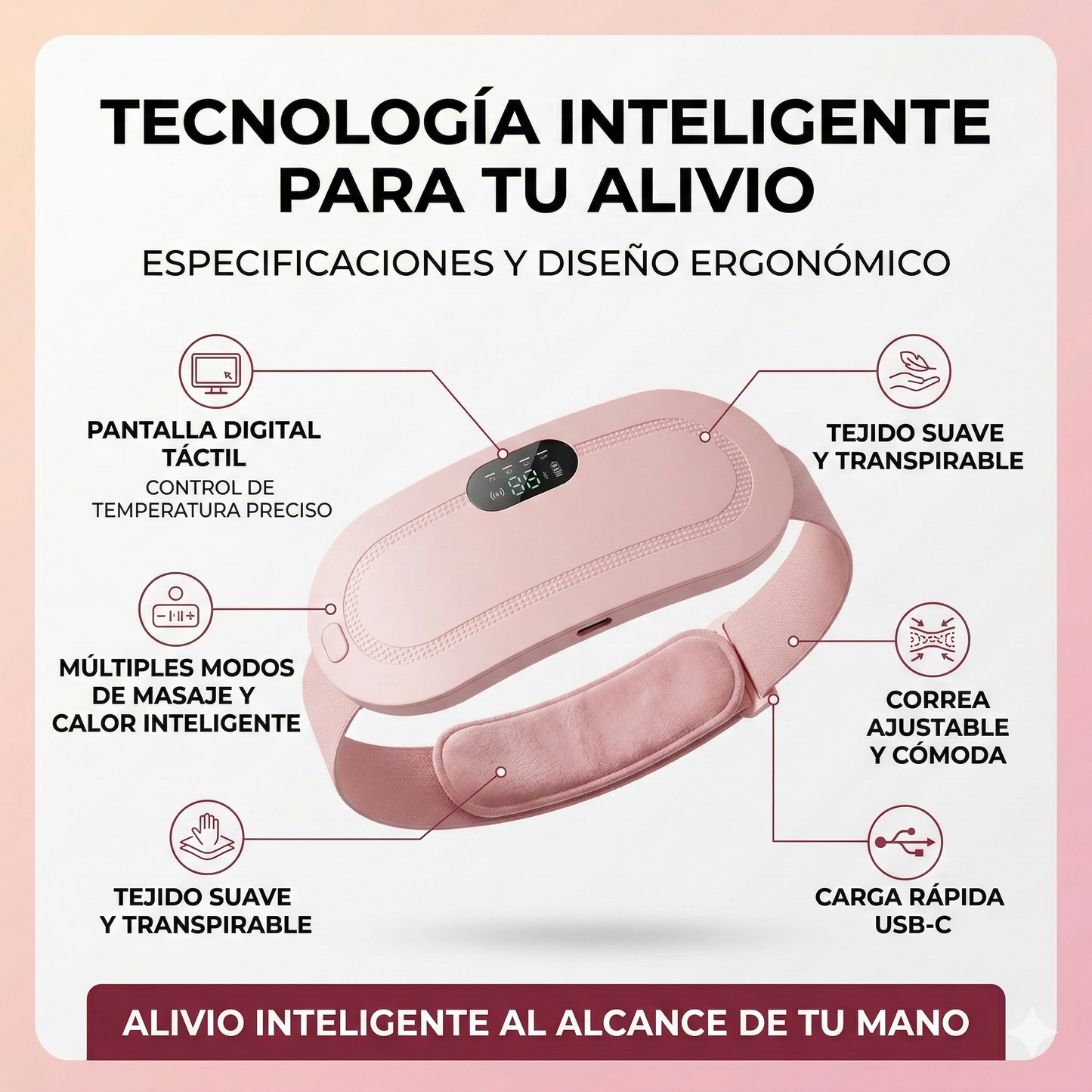 Lunara™ | Tecnología de Calor y Masaje para el Alivio de Cólicos Menstruales: Almohadilla Térmica de Bienestar Intímo y dolor lumbar Importada