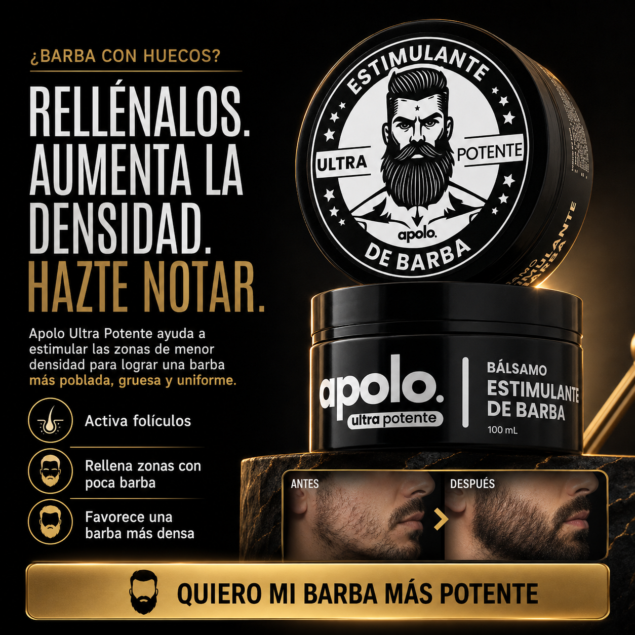 Apolo Ultra Potente™ | Fórmula Intensiva con Minoxidil 20% para una Barba Más Densa y Uniforme