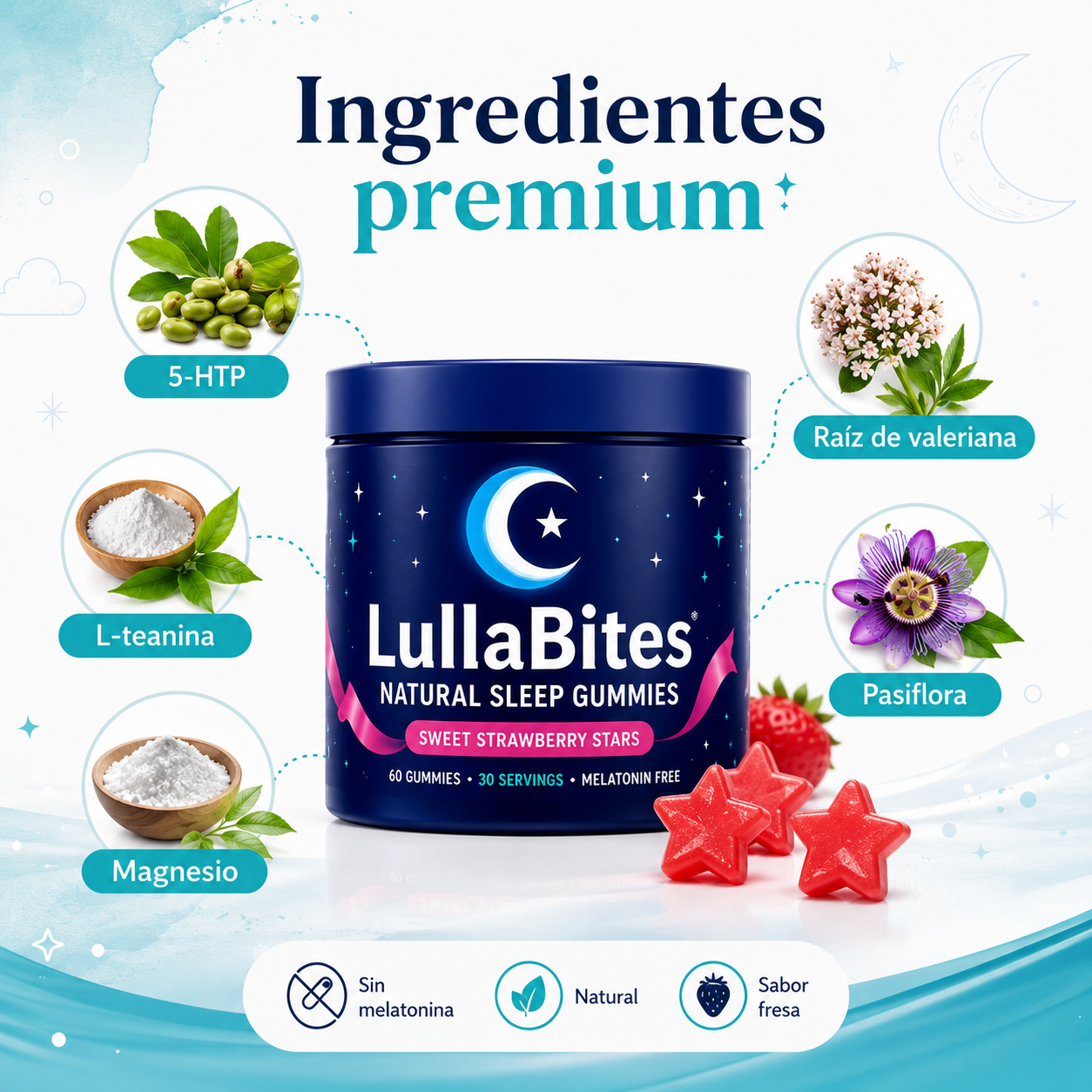 LullaBites® Premium Sleep Gummies Importadas | Gomitas de Descanso Nocturno Anti-Insomnio Naturales con Sabor a Fresa