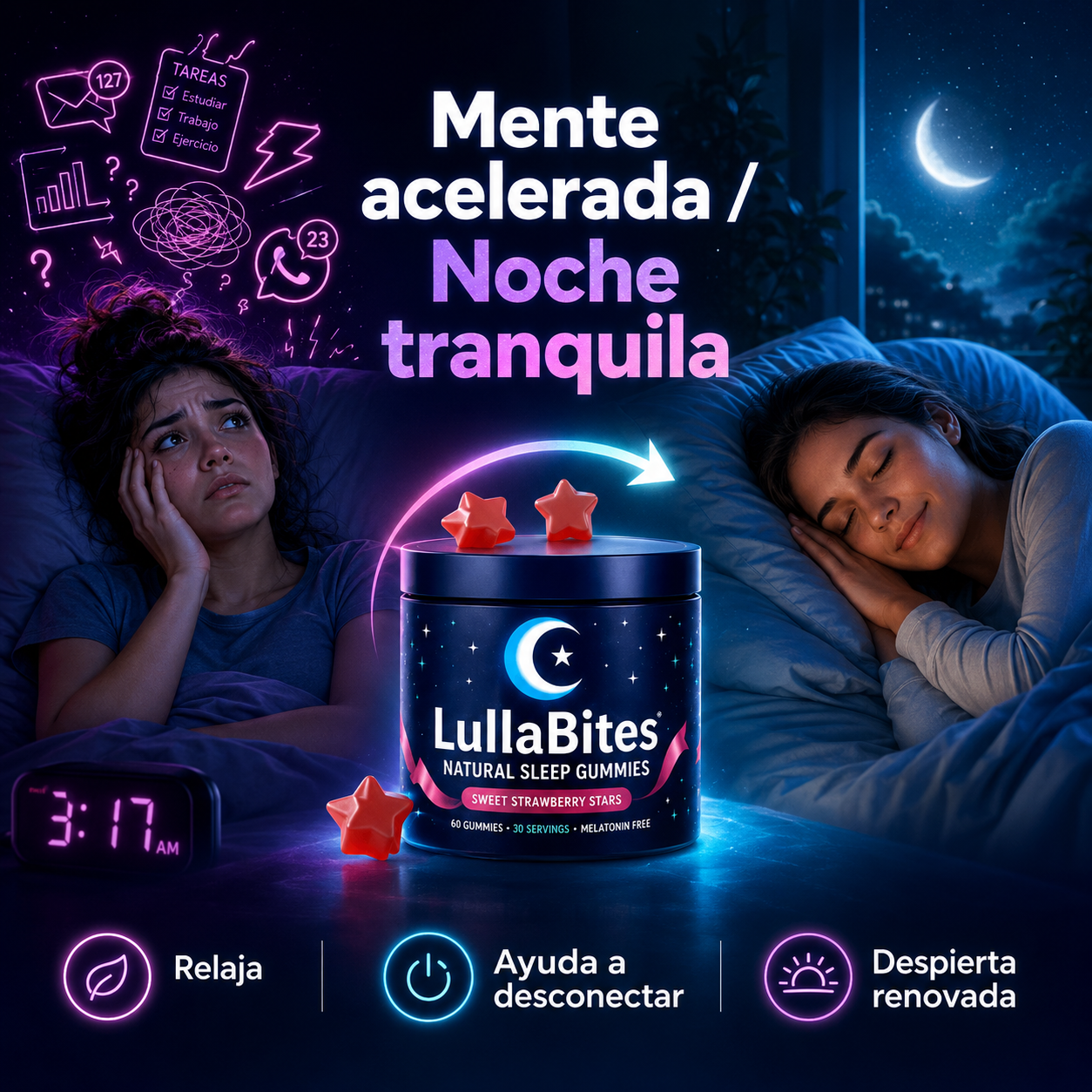 LullaBites® Premium Sleep Gummies Importadas | Gomitas de Descanso Nocturno Anti-Insomnio Naturales con Sabor a Fresa