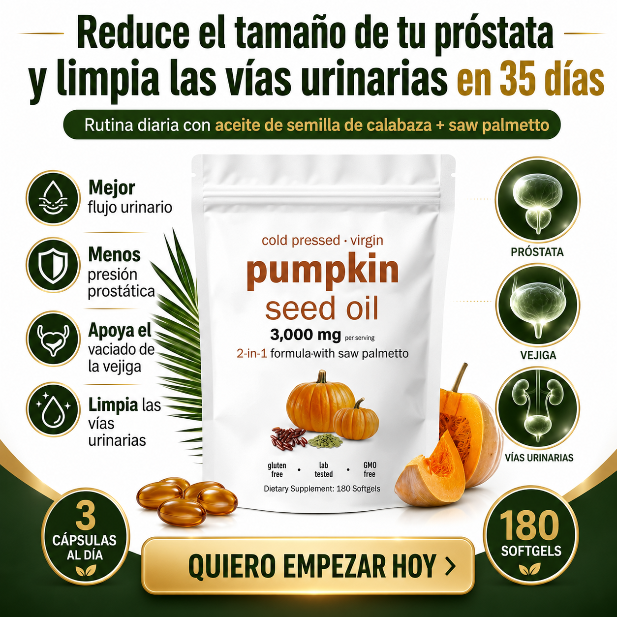 ProstaFlow™ Advanced Fórmula Natural 2 en 1 para Apoyar la Próstata, Mejorar el Flujo Urinario y la Comodidad Masculina