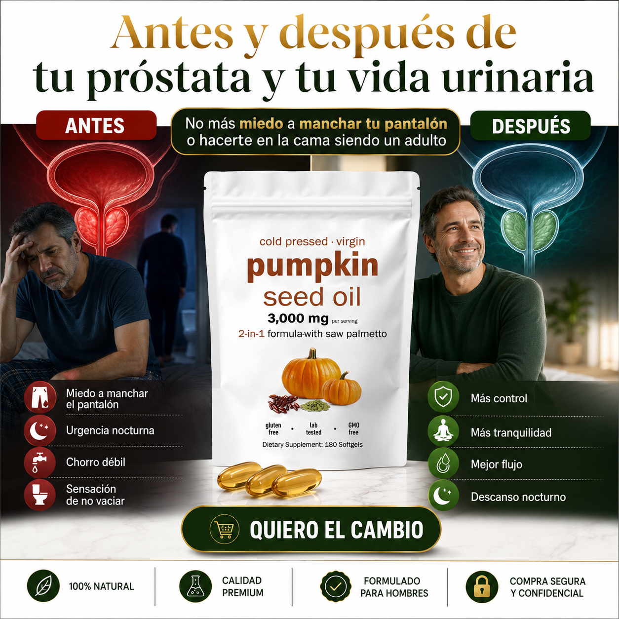 ProstaFlow™ Advanced Fórmula Natural 2 en 1 para Apoyar la Próstata, Mejorar el Flujo Urinario y la Comodidad Masculina