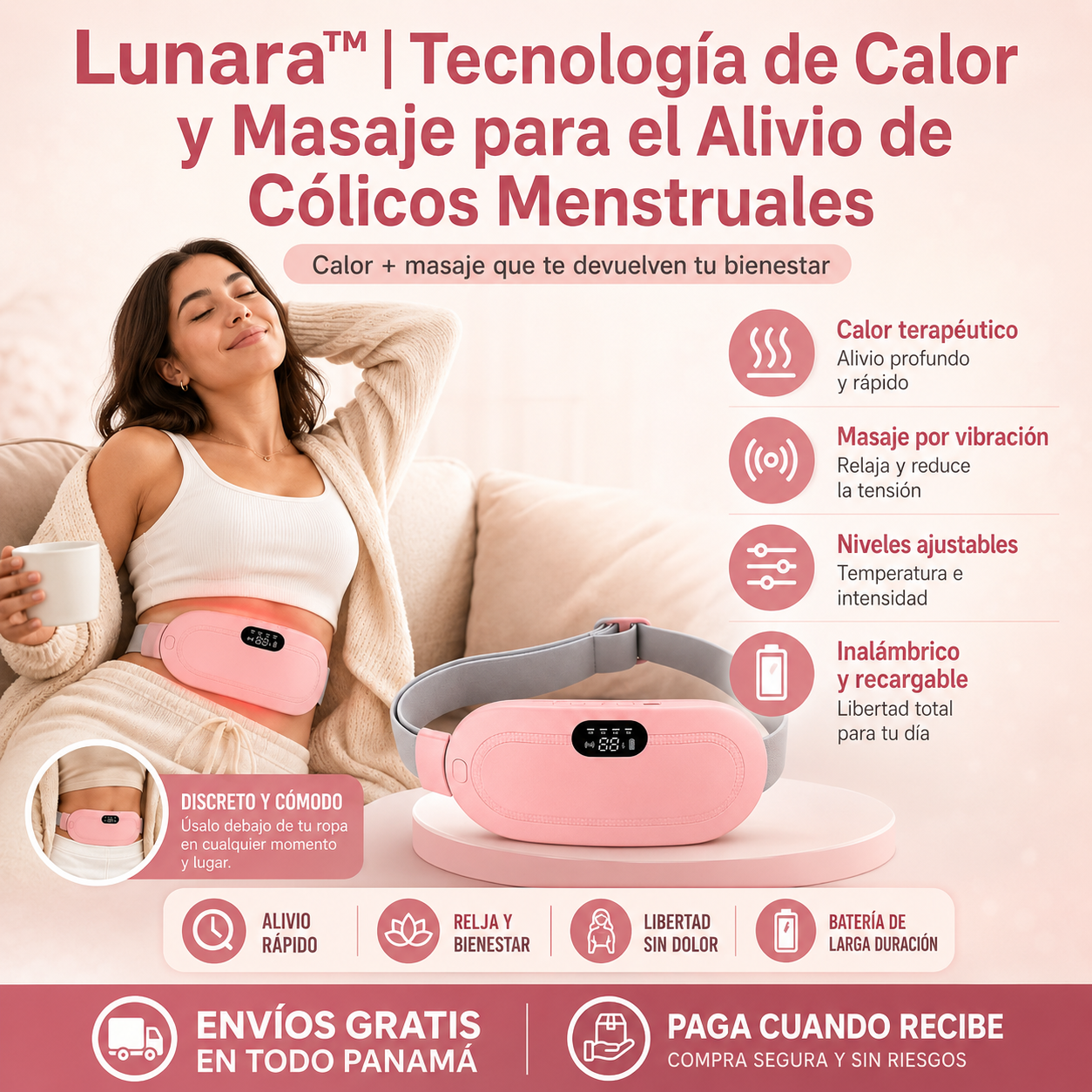 Lunara™ | Tecnología de Calor y Masaje para el Alivio de Cólicos Menstruales: Almohadilla Térmica de Bienestar Intímo y dolor lumbar Importada