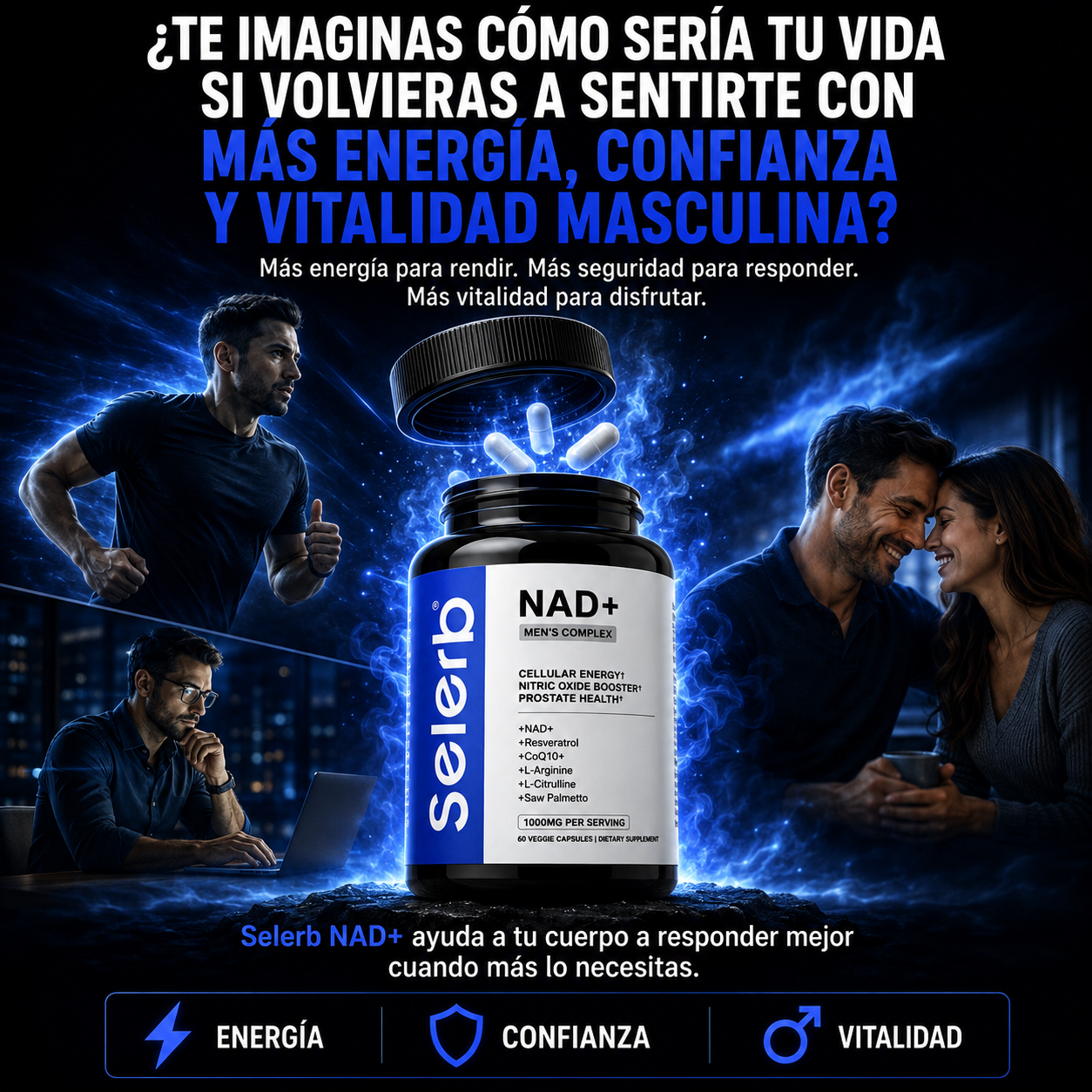 Selerb™ [Boostiva] NAD+Men's Performance Formula | Más Energía, Mayor Vitalidad y Mejor Rendimiento Diario | Sin Azúcar + Fórmula Liposomal