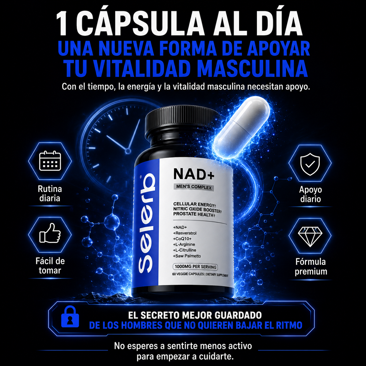 Selerb™ [Boostiva] NAD+Men's Performance Formula | Más Energía, Mayor Vitalidad y Mejor Rendimiento Diario | Sin Azúcar + Fórmula Liposomal