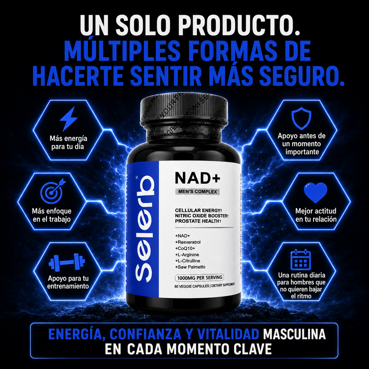 Selerb™ [Boostiva] NAD+Men's Performance Formula | Más Energía, Mayor Vitalidad y Mejor Rendimiento Diario | Sin Azúcar + Fórmula Liposomal