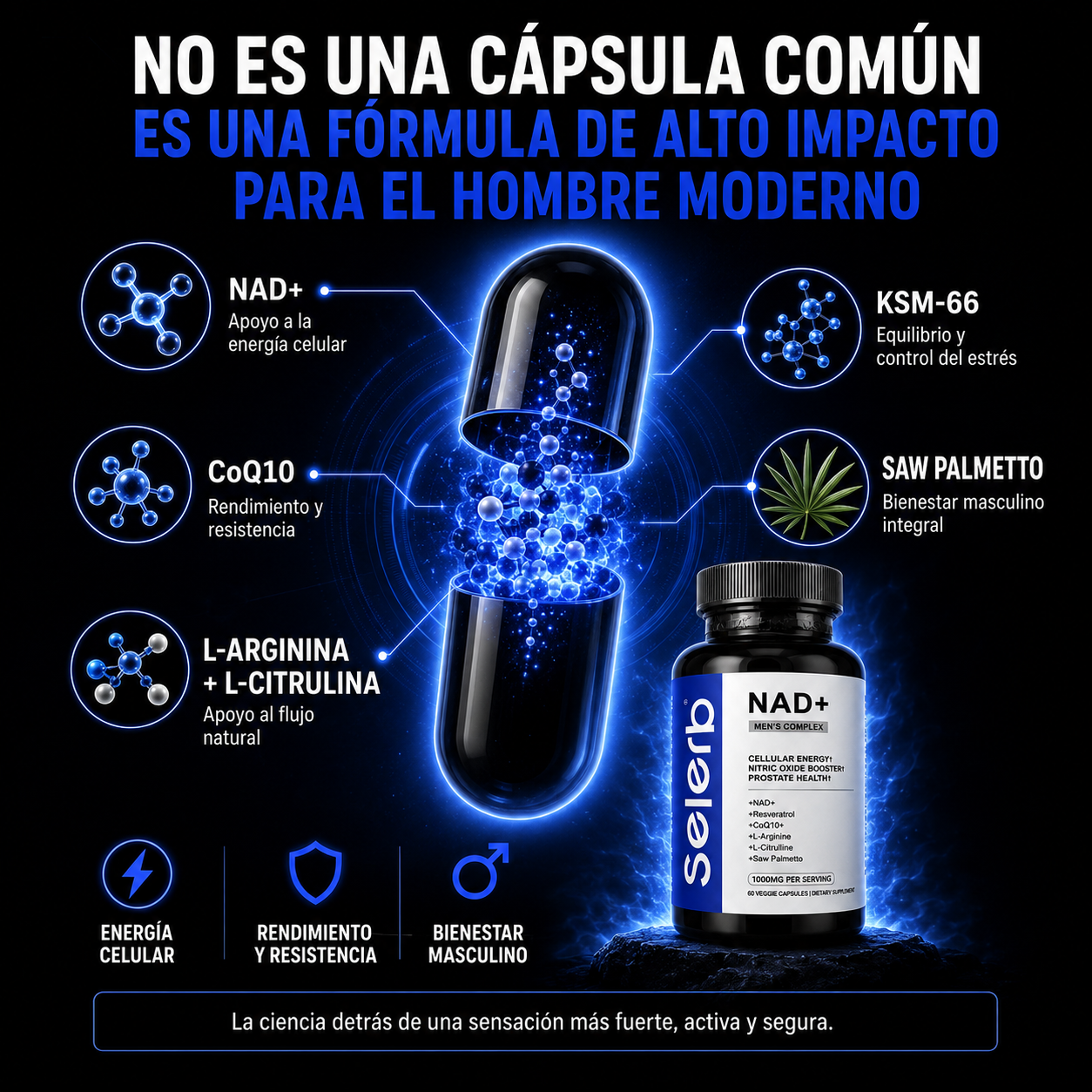 Selerb™ [Boostiva] NAD+Men's Performance Formula | Más Energía, Mayor Vitalidad y Mejor Rendimiento Diario | Sin Azúcar + Fórmula Liposomal