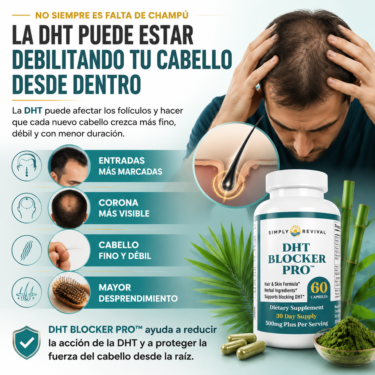 DHT BLOCKER PRO™ Fórmula importada anticaída para hombres que quieren ayudar a detener la caída, entradas y cabello delgado