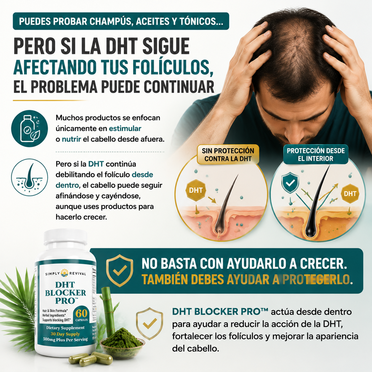 DHT BLOCKER PRO™ Fórmula importada anticaída para hombres que quieren ayudar a detener la caída, entradas y cabello delgado