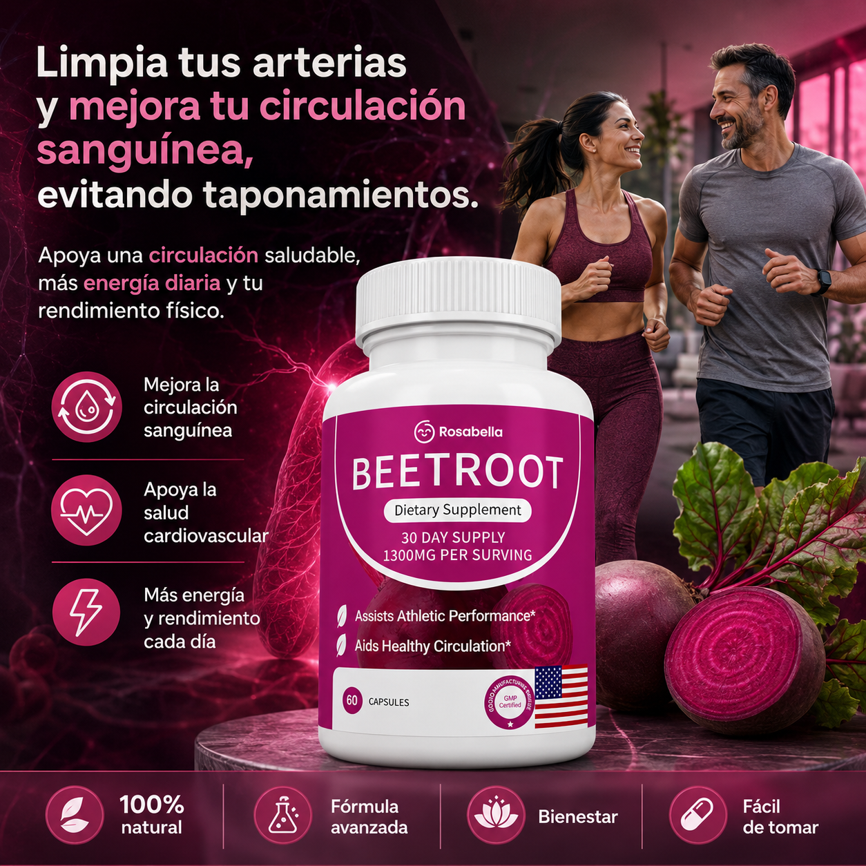 Rosabella Beetroot™ — Fórmula Circulatoria Avanzada e Intensiva para Piernas Pesadas en Turnos de Pie 8+ Horas o Sentado (Apoya la Función del Corazón y el Flujo Arterial Saludable) Recupera el flujo que perdiste por el sedentarismo y los excesos