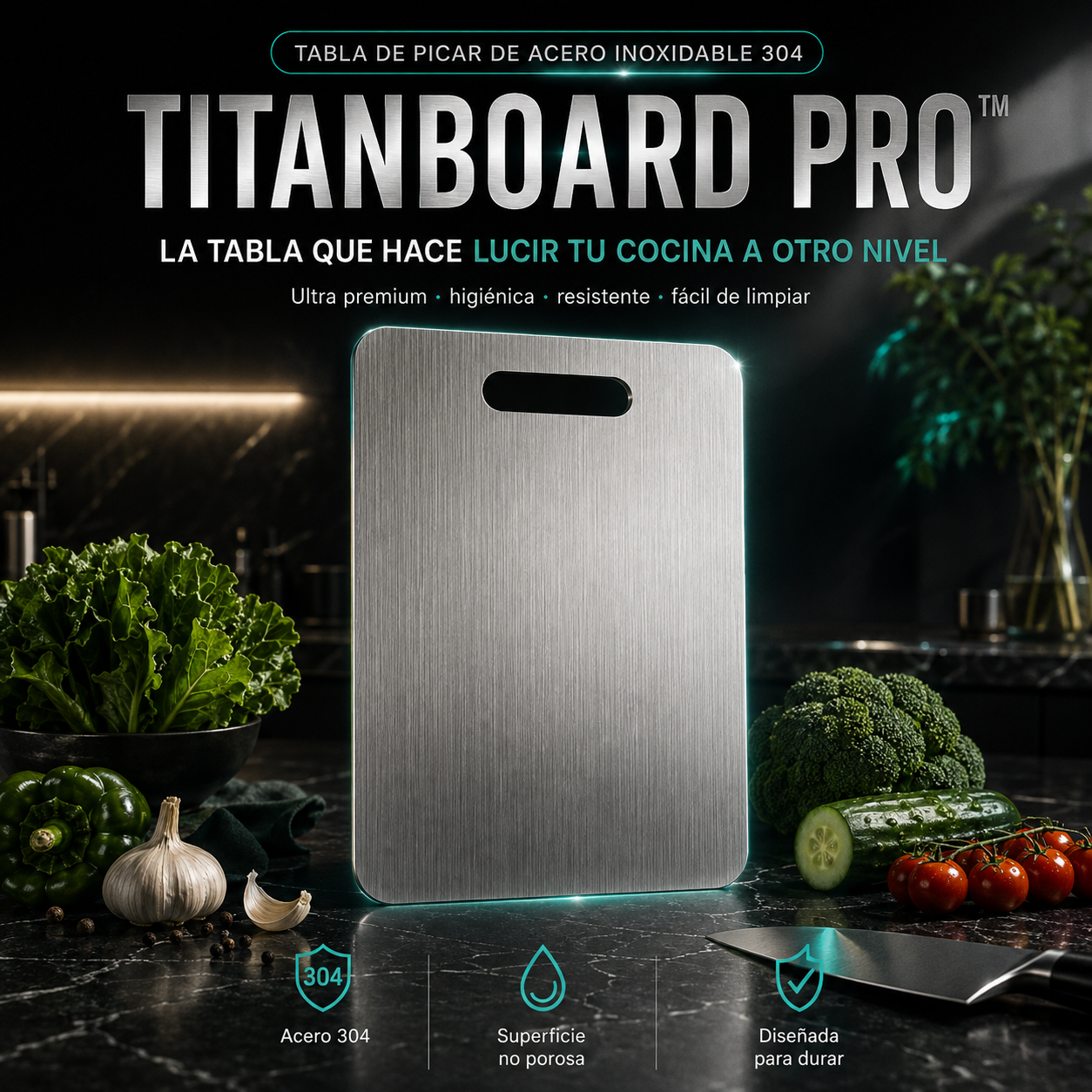 TitanBoard Pro™  La tabla de acero inoxidable 304 que reemplaza el plástico y la madera: Corta sin olores, residuos ni microplásticos