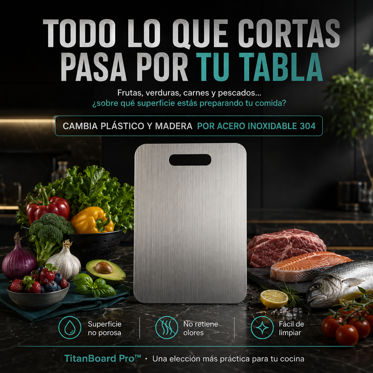 TitanBoard Pro™  La tabla de acero inoxidable 304 que reemplaza el plástico y la madera: Corta sin olores, residuos ni microplásticos