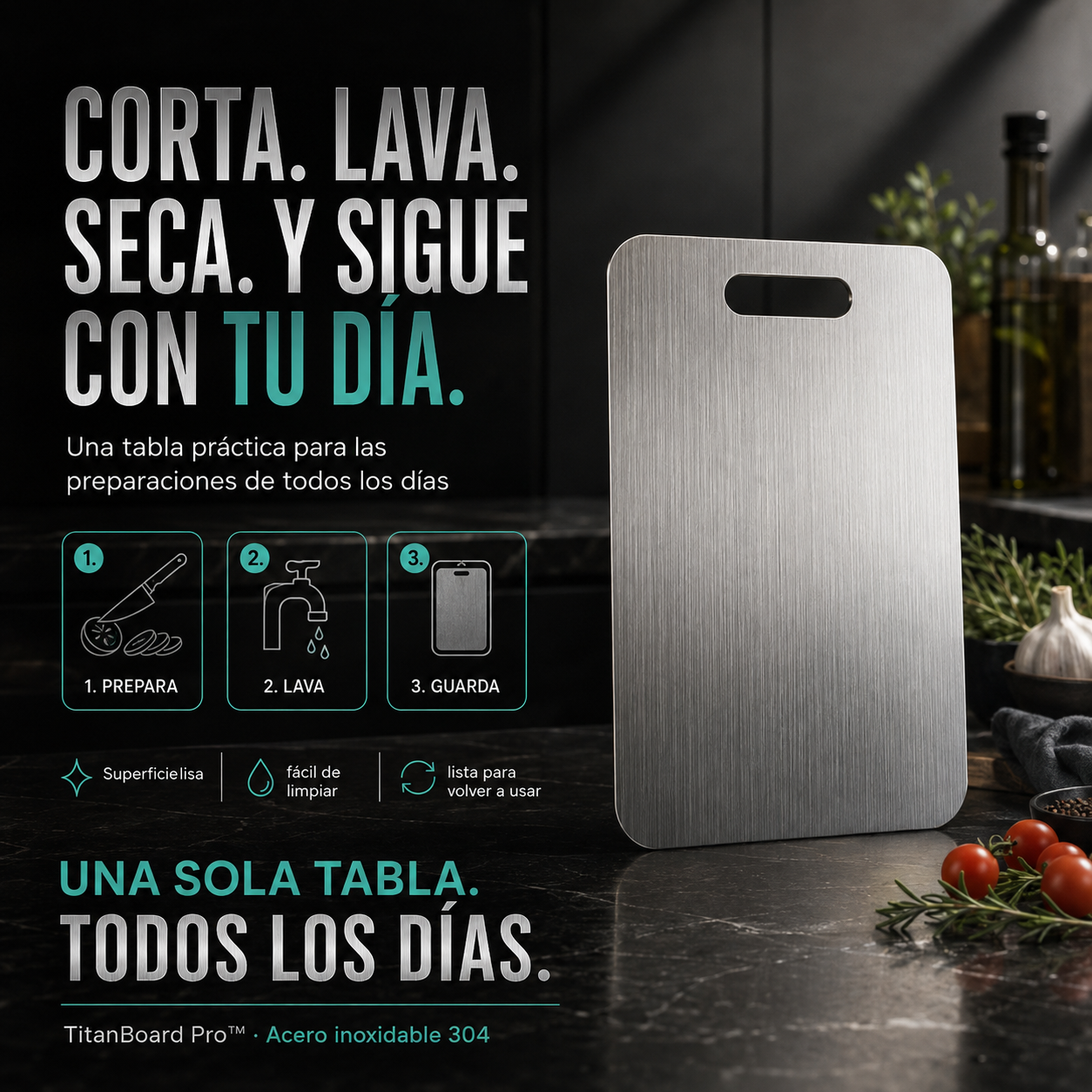 TitanBoard Pro™  La tabla de acero inoxidable 304 que reemplaza el plástico y la madera: Corta sin olores, residuos ni microplásticos