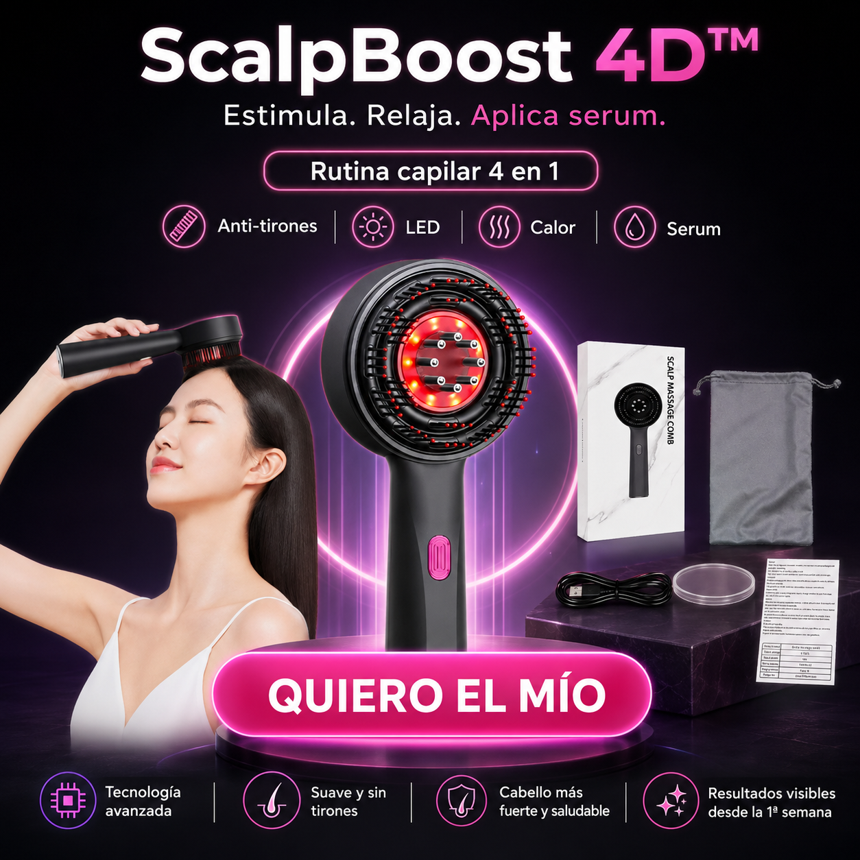 ScalBoost 4D™ LED Hair Stimulator Tecnología 4 en 1 de masaje capilar para revitalizar raíces debilitadas [Anti-tirones - Serum - Led/Calor - Masajeador]