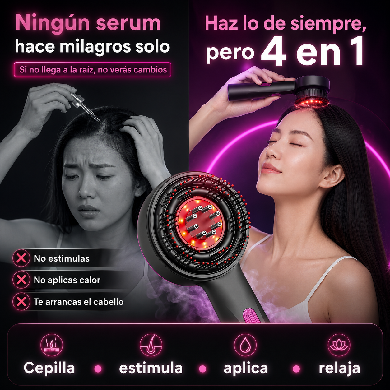 ScalBoost 4D™ LED Hair Stimulator Tecnología 4 en 1 de masaje capilar para revitalizar raíces debilitadas [Anti-tirones - Serum - Led/Calor - Masajeador]