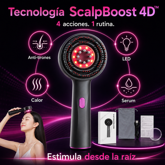 ScalBoost 4D™ LED Hair Stimulator Tecnología 4 en 1 de masaje capilar para revitalizar raíces debilitadas [Anti-tirones - Serum - Led/Calor - Masajeador]