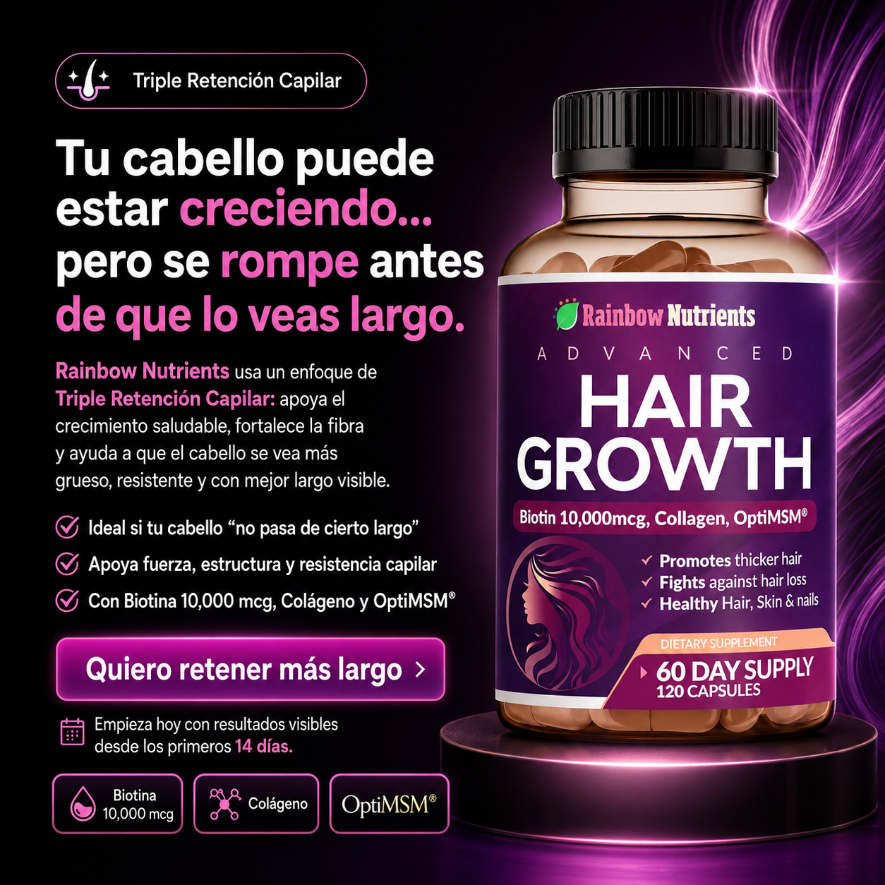 Hair Growth Advanced® Tratamiento Anti Caída y Crecimiento La Fórmula Completa para Mujeres 3 en 1: Biotina + Colágeno + OptiMSM®
