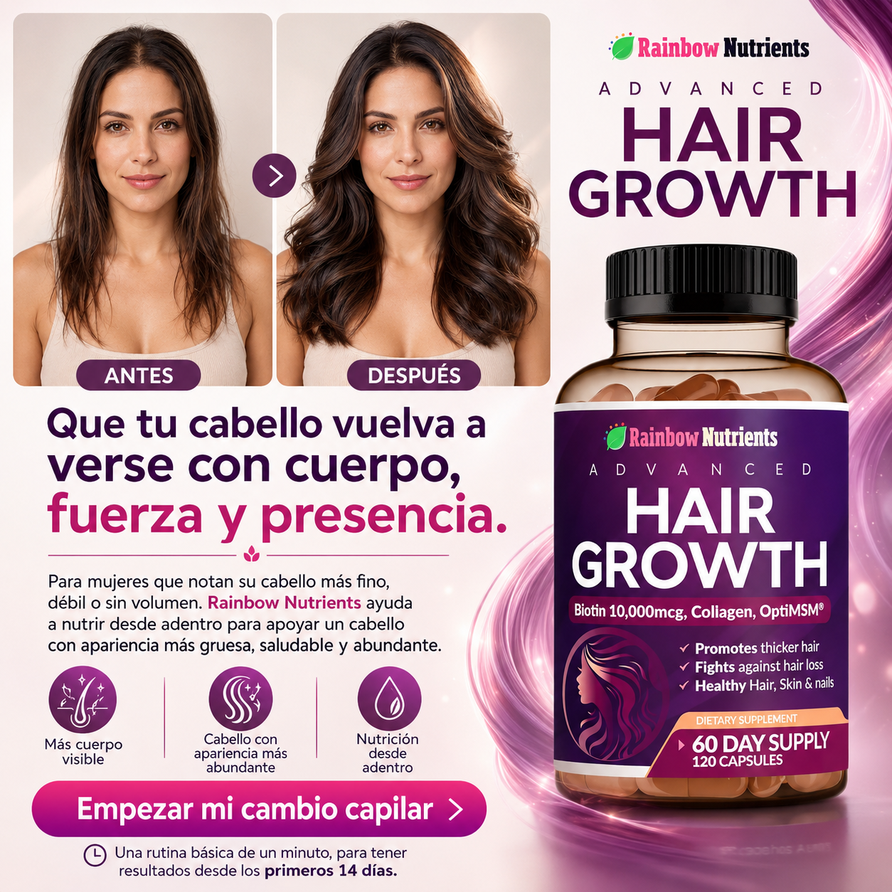 Hair Growth Advanced® Tratamiento Anti Caída y Crecimiento La Fórmula Completa para Mujeres 3 en 1: Biotina + Colágeno + OptiMSM®