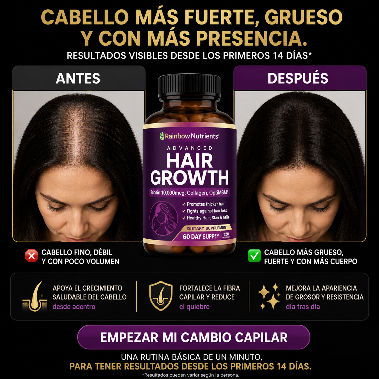 Hair Growth Advanced® Tratamiento Anti Caída y Crecimiento La Fórmula Completa para Mujeres 3 en 1: Biotina + Colágeno + OptiMSM®