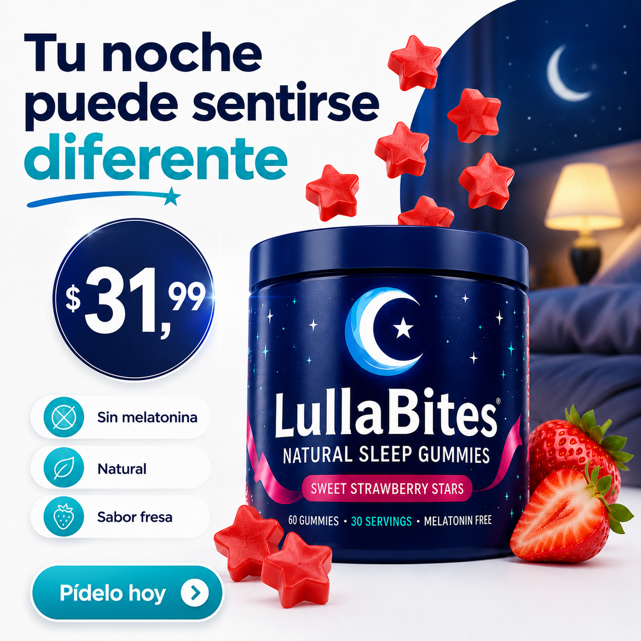 LullaBites® Premium Sleep Gummies Importadas | Gomitas de Descanso Nocturno Anti-Insomnio Naturales con Sabor a Fresa