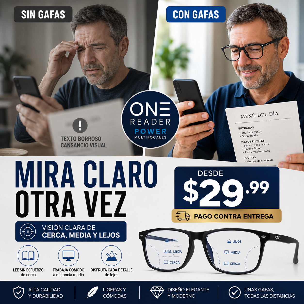 Gafas One Reader Power Multifocales | Tecnología Visual 3 en 1 para Ver de Cerca, Media y Lejos