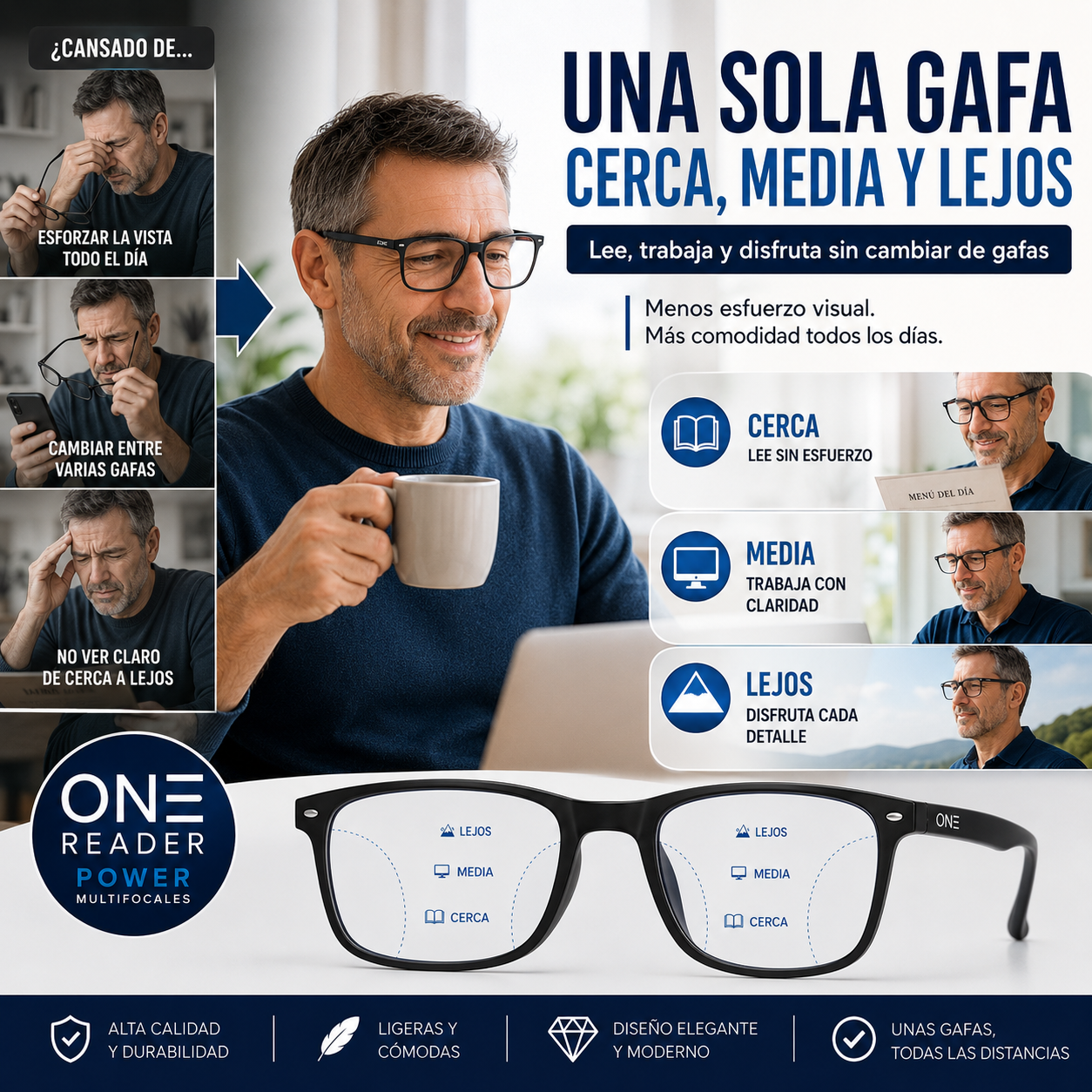 Gafas One Reader Power Multifocales | Tecnología Visual 3 en 1 para Ver de Cerca, Media y Lejos