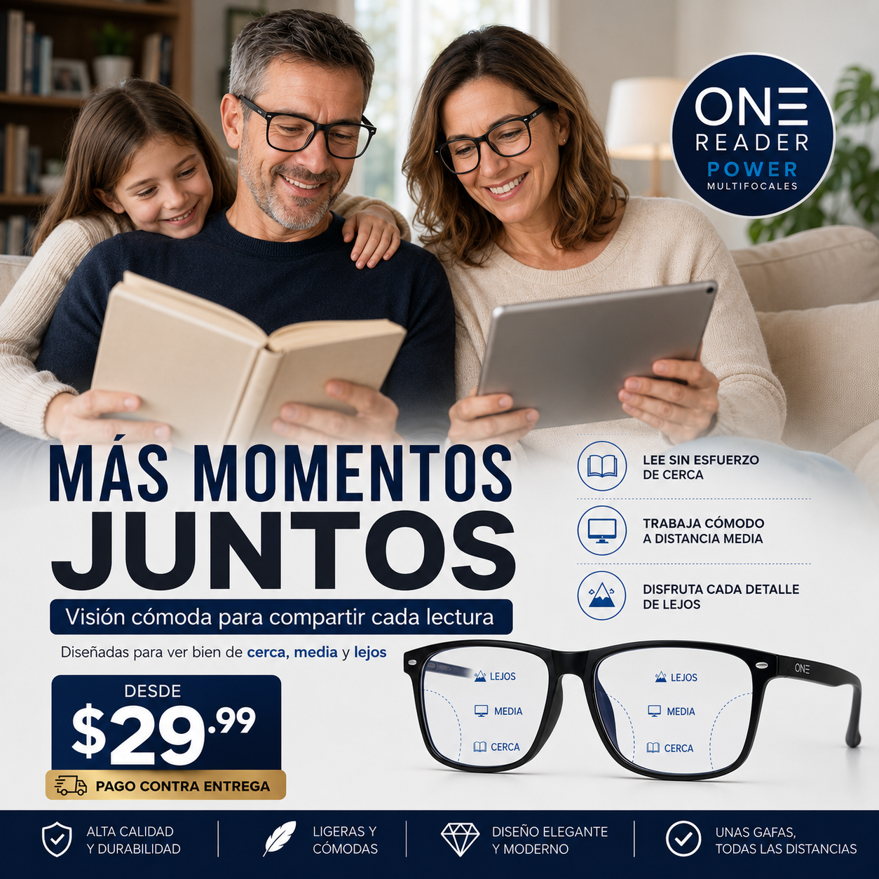 Gafas One Reader Power Multifocales | Tecnología Visual 3 en 1 para Ver de Cerca, Media y Lejos