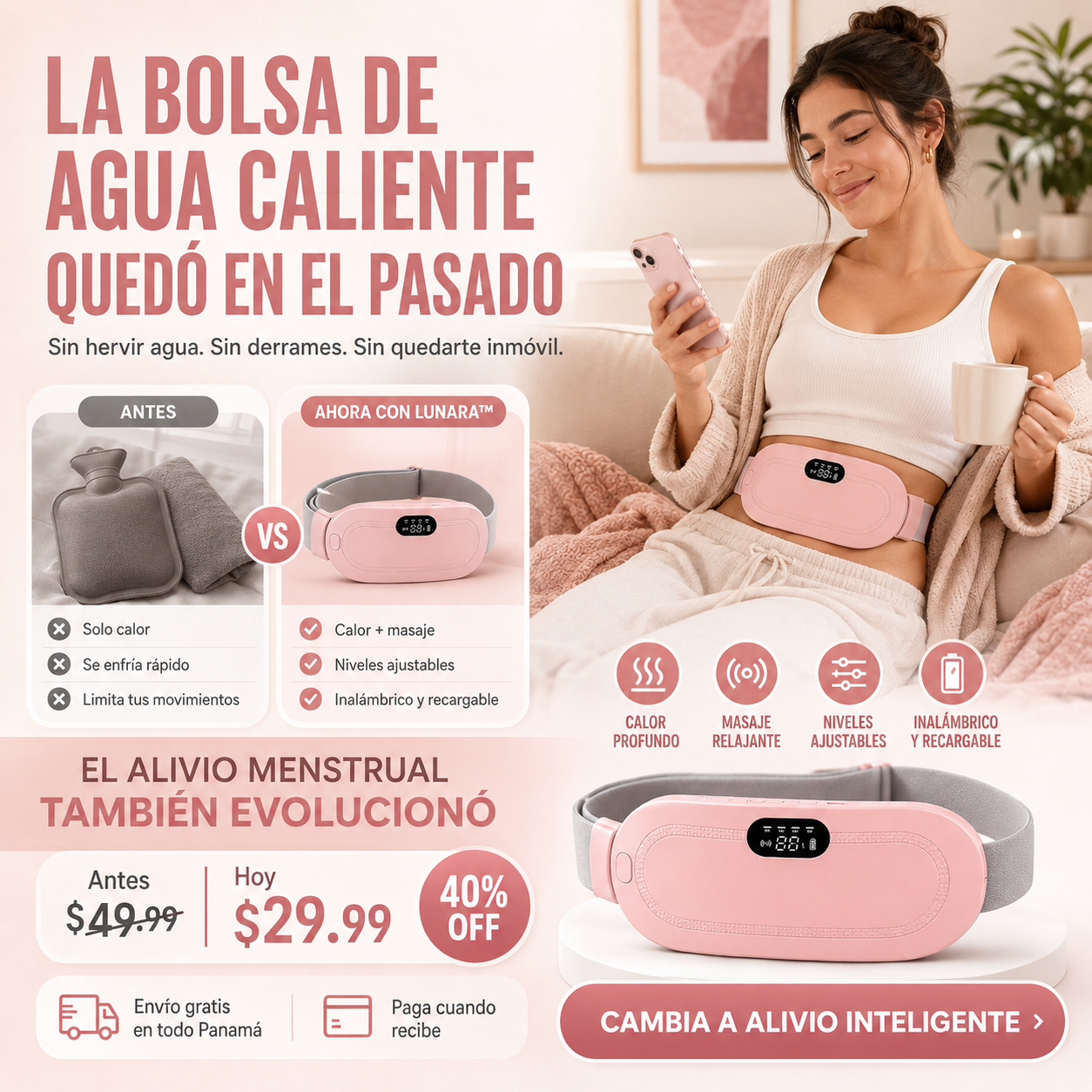 Lunara™ | Tecnología de Calor y Masaje para el Alivio de Cólicos Menstruales: Almohadilla Térmica de Bienestar Intímo y dolor lumbar Importada