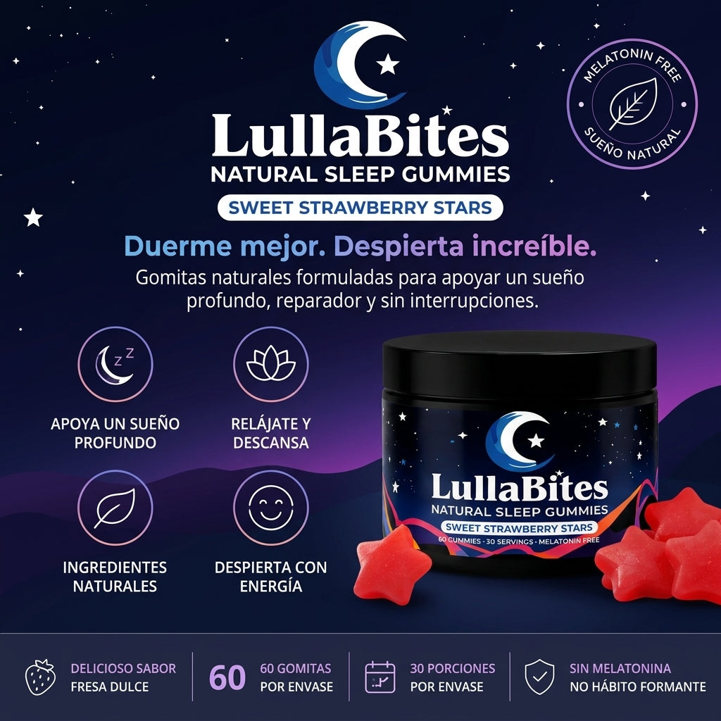 LullaBites® Premium Sleep Gummies Importadas | Gomitas de Descanso Nocturno Anti-Insomnio Naturales con Sabor a Fresa