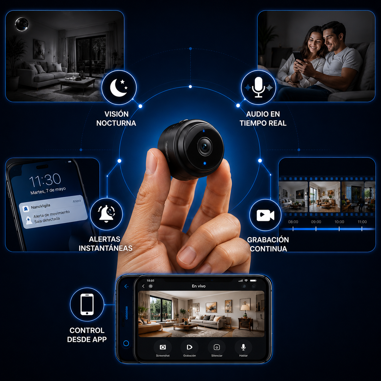 A9 VigilaPro™ – Seguridad Discreta Wi-Fi | Mini Cámara HD Magnética con Monitoreo en Vivo y MicroSD hasta 128GB (